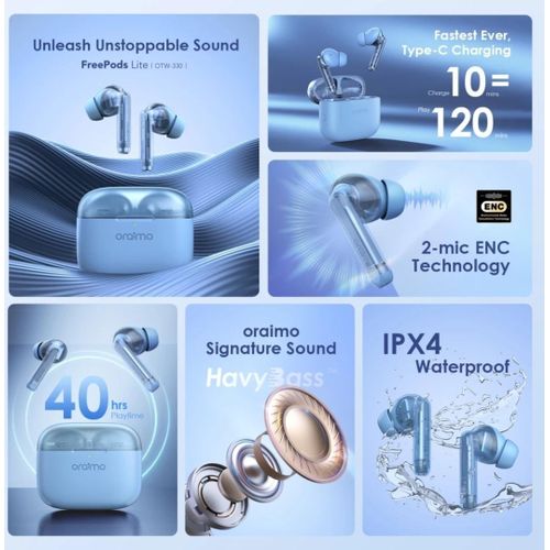 Oraimo FreePods Lite Earbuds with 40Hr Playtime,Custom EQ modes App, ENC Mic, Waterproof lPX4, BT 5.3 Bluetooth Headset (Ice Lake Blue, True Wireless Earpods)