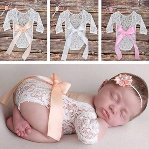 Newborn Girl Photo Shoot Clothes Bodysuit Lace Romper Big Bow White