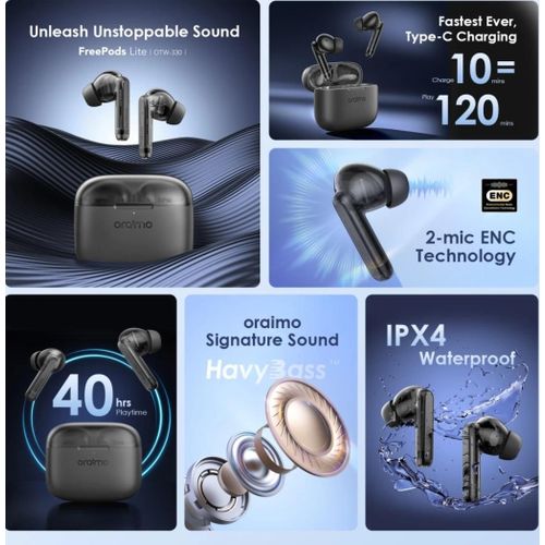 Oraimo FreePods Lite Earbuds with 40Hr Playtime,Custom EQ modes App, ENC Mic, Waterproof lPX4, BT 5.3 Bluetooth Headset (Black, True Wireless Earpods)