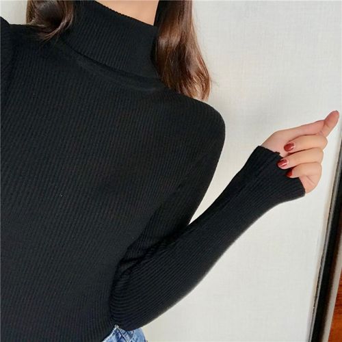 Lady Turtleneck Knit Sweater Long Sleeves  Slim Black