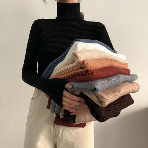 Lady Turtleneck Knit Sweater Long Sleeves  Slim Black