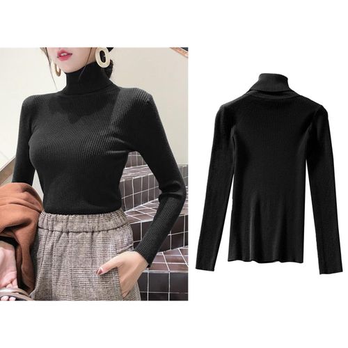 Lady Turtleneck Knit Sweater Long Sleeves  Slim Black