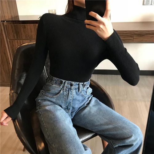 Lady Turtleneck Knit Sweater Long Sleeves  Slim Black