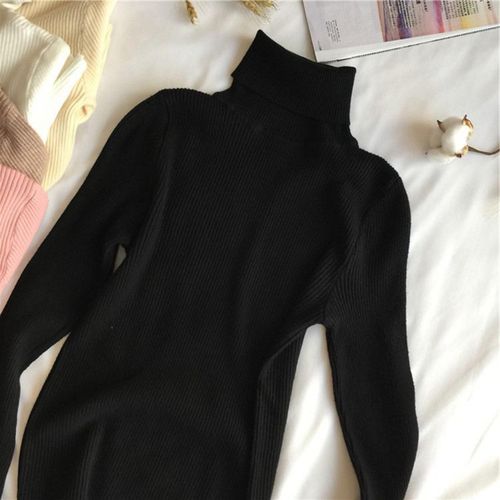 Lady Turtleneck Knit Sweater Long Sleeves  Slim Black