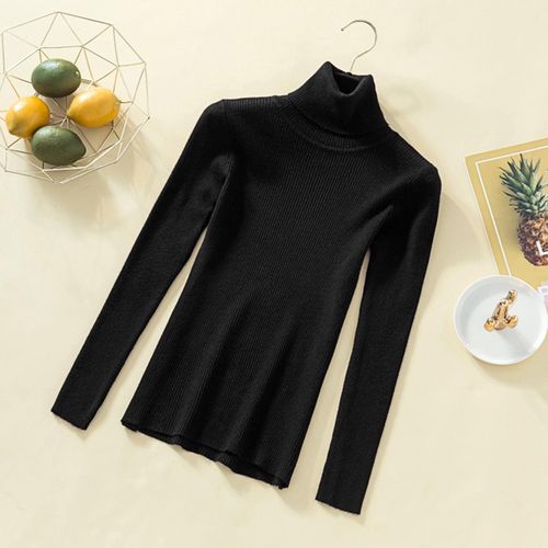 Lady Turtleneck Knit Sweater Long Sleeves  Slim Black