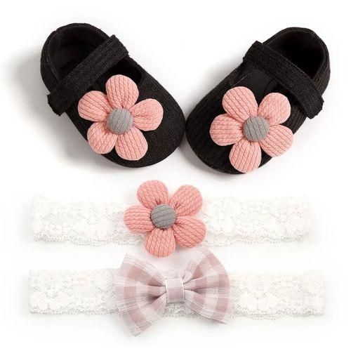 Baby Girl Soft  Soled Shoe With Flower Bow And Headbands