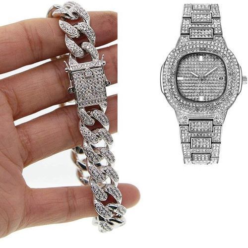 Silver Mens8" Iced Out Cuban Bracelet & Hip Hop 9" Wristwatch