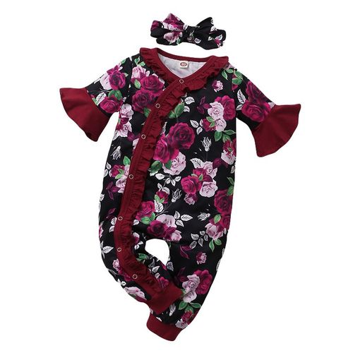 Catpapa 0-24 Months Toddler Baby Girl Floral Ruffle Side Buckle Flared Sleeves Jumpsuit