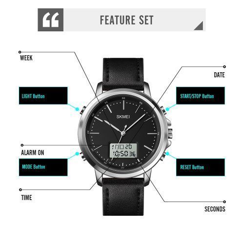 Skmei Mens Watch Minimal Analog Digital Watch With Alarm - Black