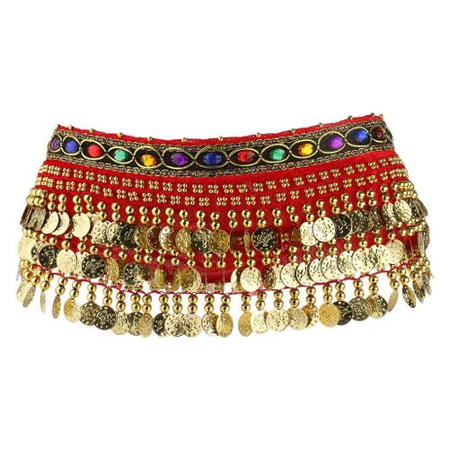 Belly Dance Waist Wrap Belt Gold Coins Tassel Costume Red
