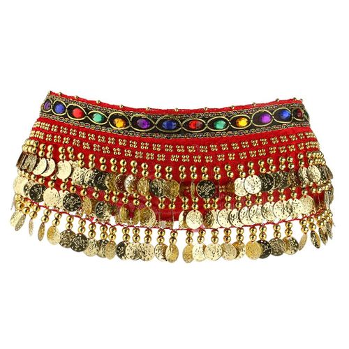 Belly Dance Waist Wrap Belt Gold Coins Tassel Costume Red
