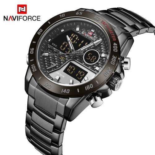 Naviforce Stainless Steel LED Dual Display Watch - Black