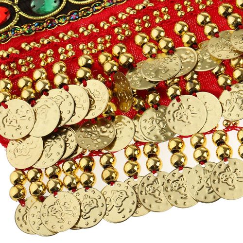 Belly Dance Waist Wrap Belt Gold Coins Tassel Costume Red