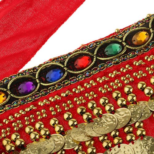 Belly Dance Waist Wrap Belt Gold Coins Tassel Costume Red