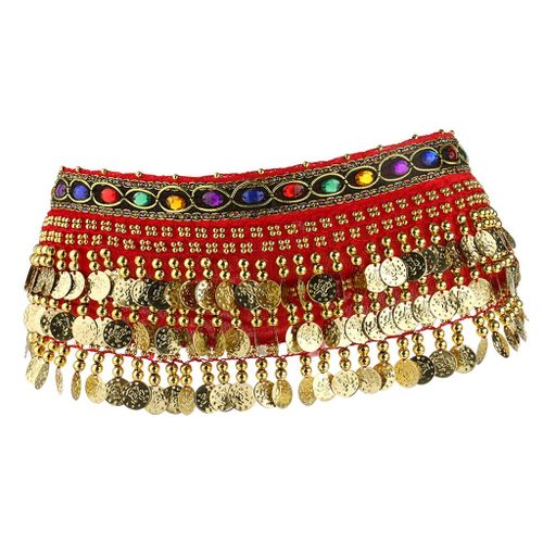 Belly Dance Waist Wrap Belt Gold Coins Tassel Costume Red
