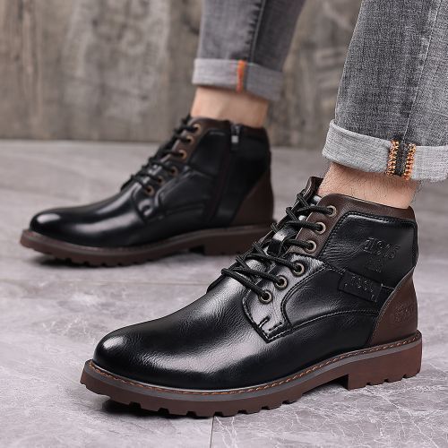 Leather Men&rsquo;s Boots British Retro Lace Up Boots Big Size 38-48 Black