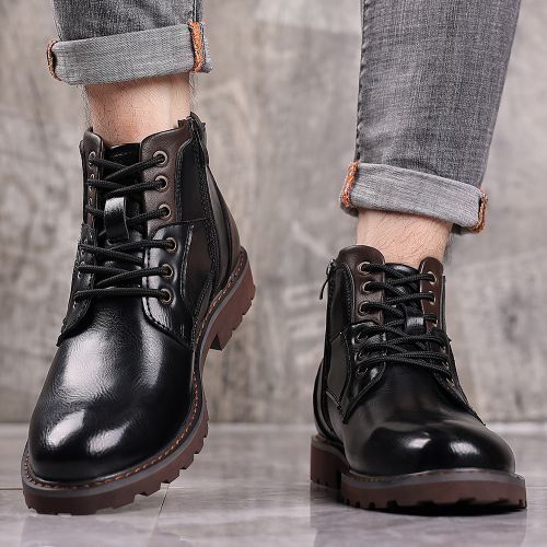 Leather Men’s Boots British Retro Lace Up Boots Big Size 38-48 Black