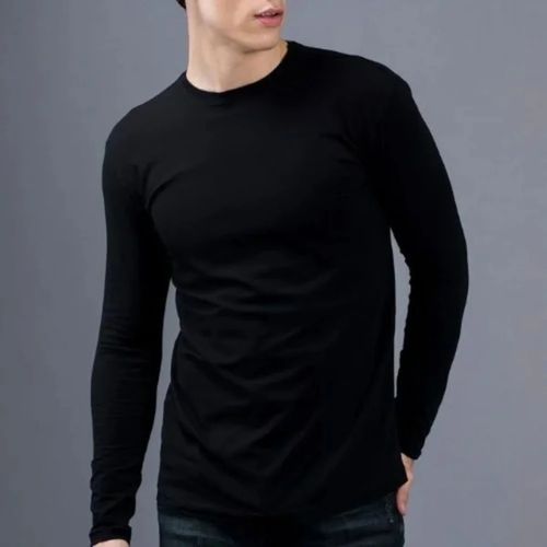 Black Round Neck - Long Sleeve Cotton T-Shirt
