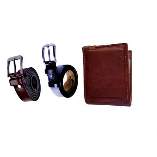 APack of 2 Men's Faux Leather Belts and Wallet,Design Of Belt Buckle May Vary- Black,Brown