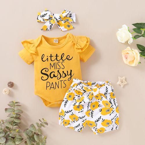Newborn Baby Girls Outfit Letter Print Short Sleeve Bodysuit  Yellow Floral Shorts  Headband