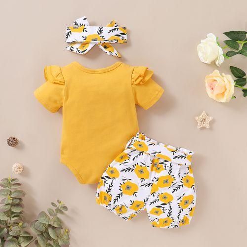 Newborn Baby Girls Outfit Letter Print Short Sleeve Bodysuit  Yellow Floral Shorts  Headband