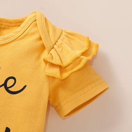 Newborn Baby Girls Outfit Letter Print Short Sleeve Bodysuit  Yellow Floral Shorts  Headband