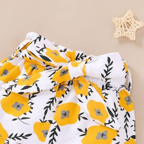 Newborn Baby Girls Outfit Letter Print Short Sleeve Bodysuit  Yellow Floral Shorts  Headband