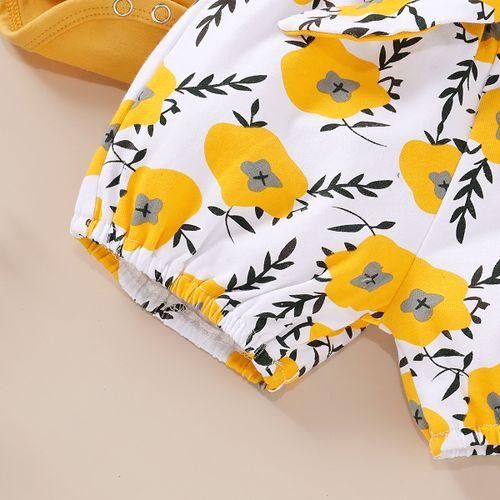 Newborn Baby Girls Outfit Letter Print Short Sleeve Bodysuit  Yellow Floral Shorts  Headband