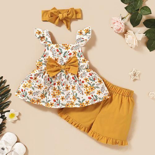 Toddler Baby Girls Outfit Yellow Floral Bow Tank Tops  Shorts  Headband