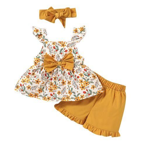 Toddler Baby Girls Outfit Yellow Floral Bow Tank Tops  Shorts  Headband