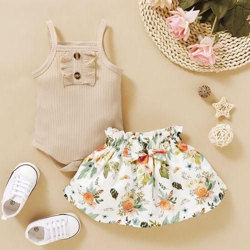 Newborn Baby Girls Costumes Set Solid Color Ribbed Tank Tops  Floral Skirt Beige