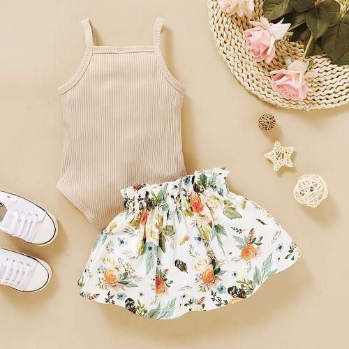 Newborn Baby Girls Costumes Set Solid Color Ribbed Tank Tops  Floral Skirt Beige