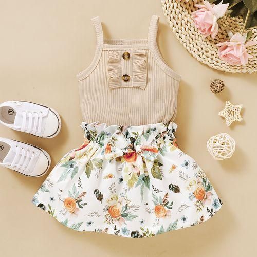 Newborn Baby Girls Costumes Set Solid Color Ribbed Tank Tops  Floral Skirt Beige