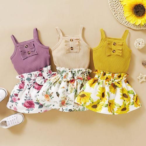Newborn Baby Girls Costumes Set Solid Color Ribbed Tank Tops  Floral Skirt Beige