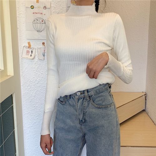 Girls Sweater Shirt Thick Plus Long-sleeved Knit Sweater - White