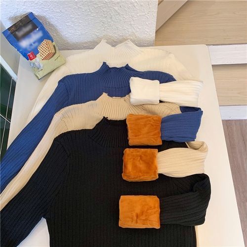 Girls Sweater Shirt Thick Plus Long-sleeved Knit Sweater - White