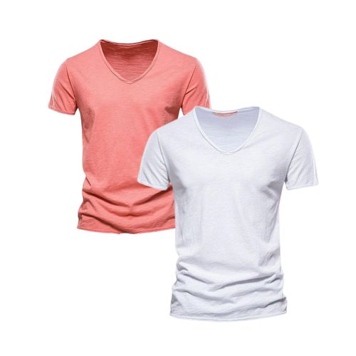 2 Pack New Summer V-neck T-shirt Men 100% Combed Cotton Solid Short Sleeve T Shirt