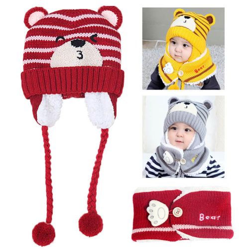 Baby Kid Winter Knitted Earmuffs Beanie Cap Scarf Set Children Cartoon Bear Hat New