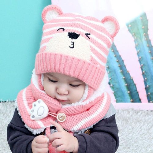 Baby Kid Winter Knitted Earmuffs Beanie Cap Scarf Set Children Cartoon Bear Hat New