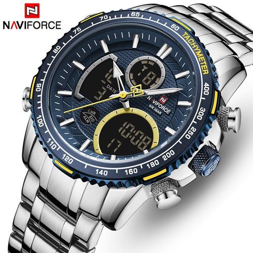 Naviforce Stainless Steel Water Resistant Digital And Analog Mens Watch - Silver