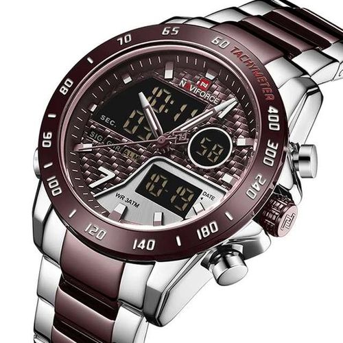Naviforce Stainless Steel Dual Watch - Brown, Silver