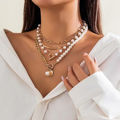 4 Pieces/Set Women's Jewelry Pearl Necklaces Set - Gold