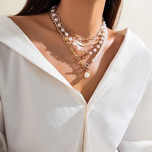 4 Pieces/Set Women's Jewelry Pearl Necklaces Set - Gold