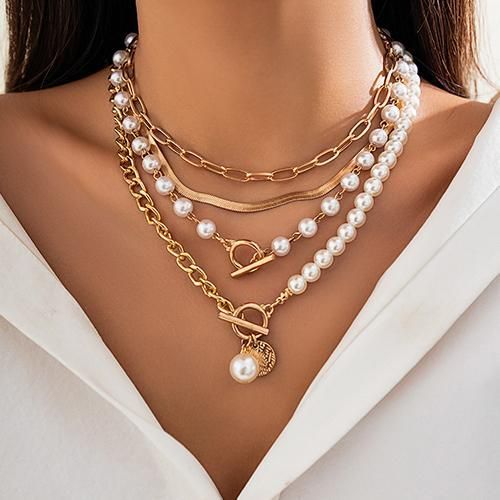 4 Pieces/Set Women's Jewelry Pearl Necklaces Set - Gold