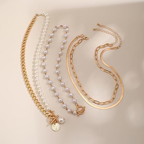 4 Pieces/Set Women's Jewelry Pearl Necklaces Set - Gold