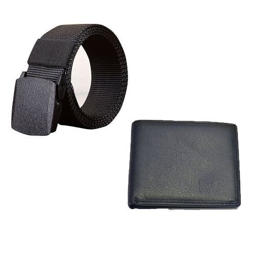 Men's Faux Leather Wallet + Canvas Belt -Black