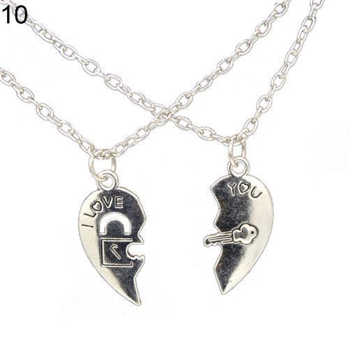 2Pcs/Set Love Heart Key Pendant BFF -Silver