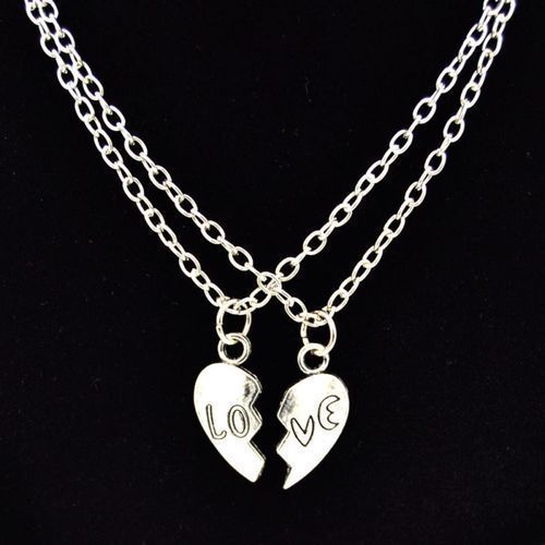 2Pcs/Set Love Heart Key Pendant BFF -Silver