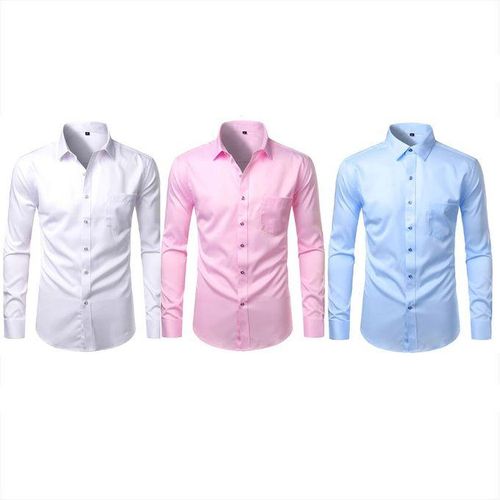 Men's Long Sleeved Pure Cotton Shirts, 3 Pieces -White, Pink, Blue