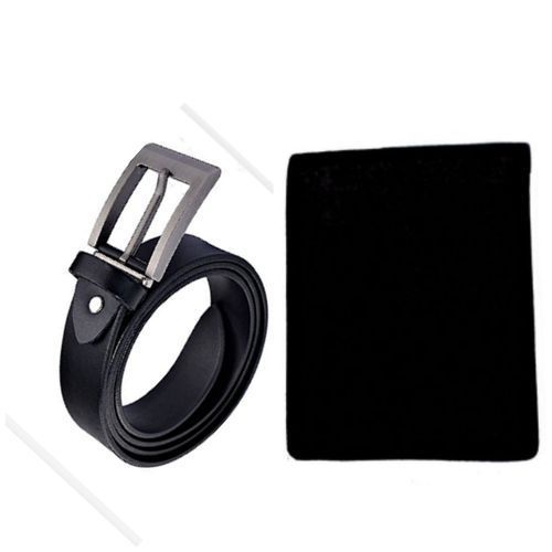 Bundle of Men's Faux Leather Wallet And Belt Design And Buckle May Varry- Black